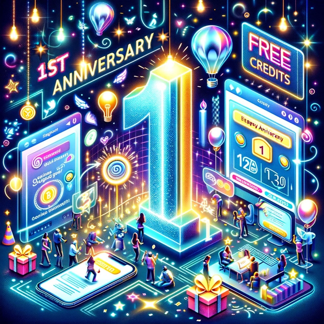 A colorful depiction of a large number 1 amidst signage stating 1st anniversary and free credits.